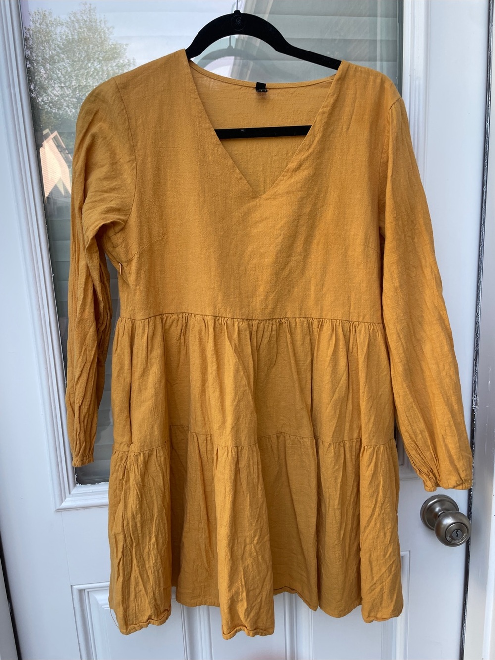 Mustard V-Neck Tiered Long Sleeve Dress